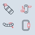 Set line Swiss army knife, Inflatable boat with motor, Carabiner and Aqualung icon. Vector