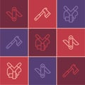 Set Line Swiss Army Knife, Slingshot And Wooden Axe Icon. Vector
