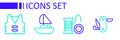 Set line Swiss army knife, Spinning reel for fishing, Yacht sailboat and Fishing jacket icon. Vector