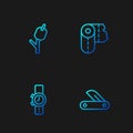 Set line Swiss army knife, Wrist watch, Marshmallow on stick and Paper towel roll. Gradient color icons. Vector