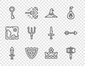 Set line Sword for game, Medieval axe, Witch hat, Shield, Old key, Neptune Trident, King crown and Arrow icon. Vector