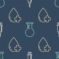 Set line Syringe, Donate drop blood with cross and Test tube and flask on seamless pattern. Vector Royalty Free Stock Photo