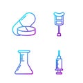 Set line Syringe, Test tube and flask, Medicine pill or tablet and Crutch or crutches. Gradient color icons. Vector