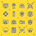 Set line System bug on a cloud, monitor, Eye scan, USB flash drive, Processor with microcircuits CPU, Create account Royalty Free Stock Photo