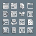 Set line System bug, Flowchart, Create account screen, Computer, Browser files, Cup of tea with tea bag, Debugging and Royalty Free Stock Photo