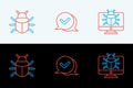 Set line System bug on monitor, and Check mark in speech bubble icon. Vector