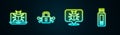 Set line System bug on monitor, Cyber security, and USB flash drive. Glowing neon icon. Vector