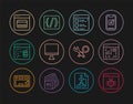 Set line System bug, Software, Browser files, Computer monitor screen, Search engine, Debugging and Programming language Royalty Free Stock Photo