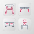 Set line Table lamp on table, Chest of drawers, Office desk and Chair icon. Vector