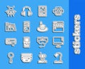 Set line Table lamp, Computer monitor screen, Binary code, Card game, Book, UFO flying spaceship and Man hat icon Royalty Free Stock Photo
