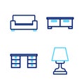 Set line Table lamp, Office desk, Chest of drawers and Sofa icon. Vector