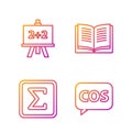Set line Tablet with calculator, Geometric figure Square, Calculator and Equation solution. Gradient color icons. Vector