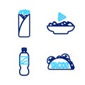 Set line Taco with tortilla, Bottle of water, Nachos in plate and Burrito icon. Vector