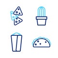 Set line Taco with tortilla, Burrito, Cactus succulent in pot and Nachos icon. Vector