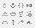 Set line Taco with tortilla, Cigar, Sun, Coffee beans, Tequila glass lemon, Nachos in bowl, and Lemon icon. Vector