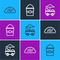 Set line Taco with tortilla, Fast street food cart and Popcorn in box icon. Vector Royalty Free Stock Photo