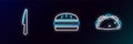 Set line Taco with tortilla, Knife and Burger icon. Glowing neon. Vector
