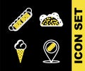 Set line Taco with tortilla, Location hotdog, Ice cream in waffle cone and Hotdog sandwich icon. Vector