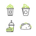 Set line Taco with tortilla, Paper glass drinking straw and burger, Popcorn cardboard box and icon. Vector