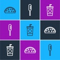 Set line Taco with tortilla, Paper glass straw and Fried sausage icon. Vector