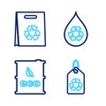 Set line Tag with recycle, Bio fuel barrel, Recycle clean aqua and Shopping bag icon. Vector