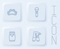 Set line Tambourine, Microphone, Conga drums and Metronome with pendulum. White square button. Vector Royalty Free Stock Photo
