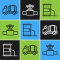 Set line Tanker truck, Barrel oil leak and Industry pipe and valve icon. Vector Royalty Free Stock Photo