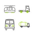 Set line Tanker truck, Retro minivan, Delivery cargo vehicle and Tram and railway icon. Vector