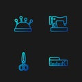 Set line Tape measure, Scissors, Needle bed and needles and Sewing machine. Gradient color icons. Vector Royalty Free Stock Photo