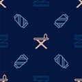 Set line Tape measure, Sewing thread on spool and Electric iron and ironing board on seamless pattern. Vector Royalty Free Stock Photo