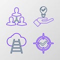 Set line Target and check mark, Ladder leading to cloud, Light bulb hand and Project team base icon. Vector Royalty Free Stock Photo