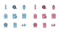Set line Target, Notebook, Tie, Megaphone, Document and check mark, Archive papers drawer, Completed task and Scotch