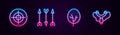Set line Target sport, Hipster arrows, Tree and Slingshot. Glowing neon icon. Vector