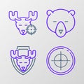 Set line Target sport for shooting competition, Moose head shield, Bear and Hunt moose with crosshairs icon. Vector