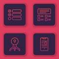 Set line Task list, Web camera, Online quiz, test, survey and book on mobile. Blue square button. Vector Royalty Free Stock Photo