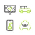 Set line Taxi car, City map navigation, Car and Gps device with icon. Vector