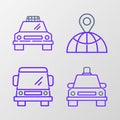 Set line Taxi car, Car, Location on the globe and icon. Vector Royalty Free Stock Photo