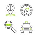 Set line Taxi car, Magnifying glass and taxi, Compass and Map pointer with icon. Vector Royalty Free Stock Photo