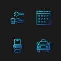 Set line Taxi car, Toilet bowl, Hotel door lock key and booking calendar. Gradient color icons. Vector Royalty Free Stock Photo