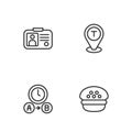 Set line Taxi driver cap, waiting time, license and Location taxi car icon. Vector