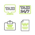 Set line Taxi driver license, Location with taxi and icon. Vector