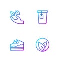 Set line Tea leaf, Piece of cake, in hand and Cup with tea bag. Gradient color icons. Vector