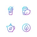 Set line Tea leaf, Teapot with, Cup of tea and lemon. Gradient color icons. Vector