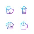 Set line Tea time, Muffin, Cup of tea with lemon and French press. Gradient color icons. Vector