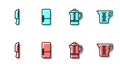 Set line Teapot, Knife, Refrigerator and Measuring cup icon. Vector