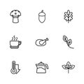 Set line Teapot, Leaf, Roasted turkey or chicken, Mushroom, Acorn and Coffee cup icon. Vector