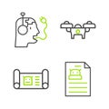 Set line Technical specification, Robot blueprint, Drone and charging battery icon. Vector