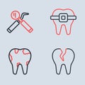 Set line Teeth with braces, Broken tooth, and Dental mirror and probe icon. Vector
