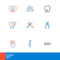 Set line Teeth with braces, Electric toothbrush, Toothache, Dental pliers, mirror and probe, and plate icon. Vector