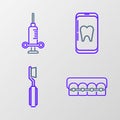 Set line Teeth with braces, Toothbrush, Online dental care and Dental medical syringe icon. Vector